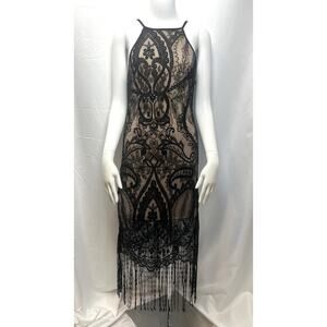 Haute Monde Lace Fringe Whimsy Goth Flapper Black Nude Dress Size Medium